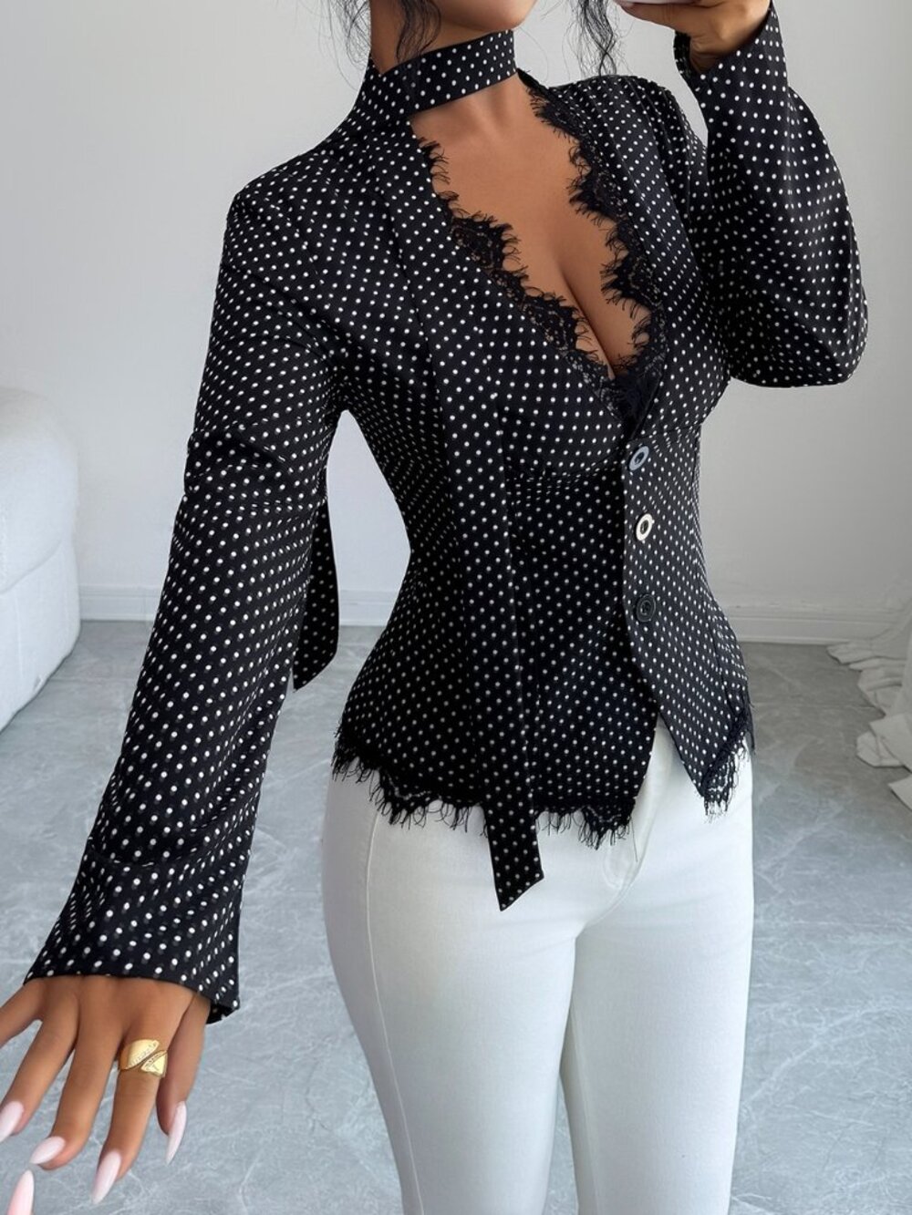 Black Elegant Women's Professional Polka Dot Lace Scarf Tie Long Sleeve Blouse